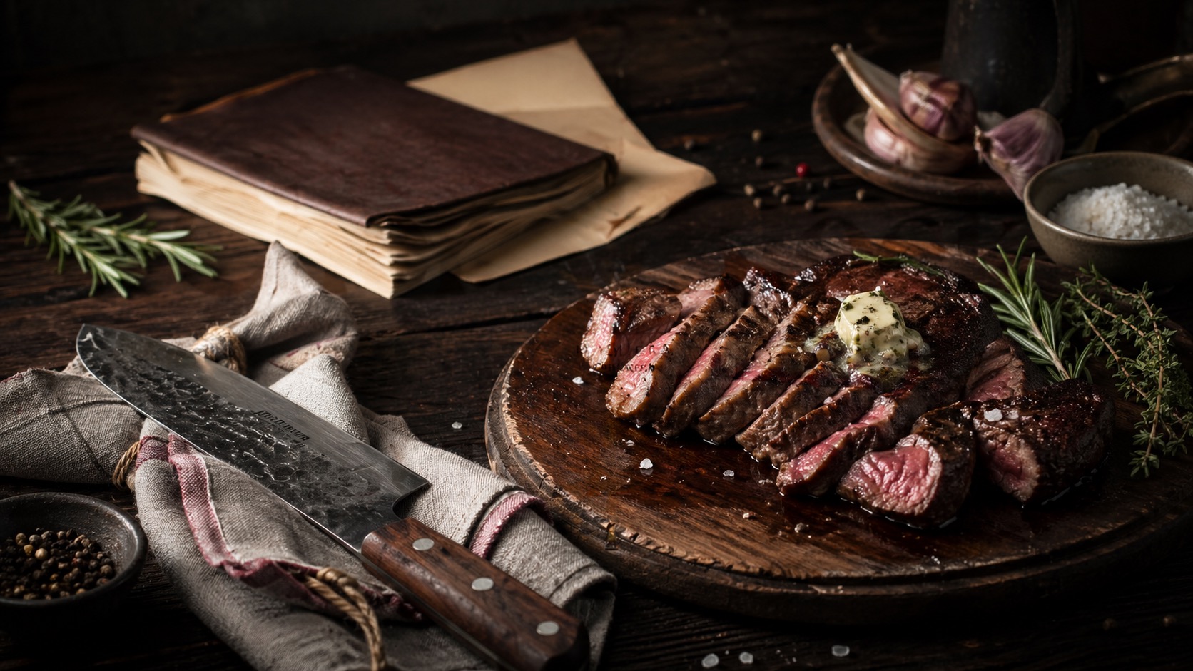 Editorial food scene with plated steak and cooking notes