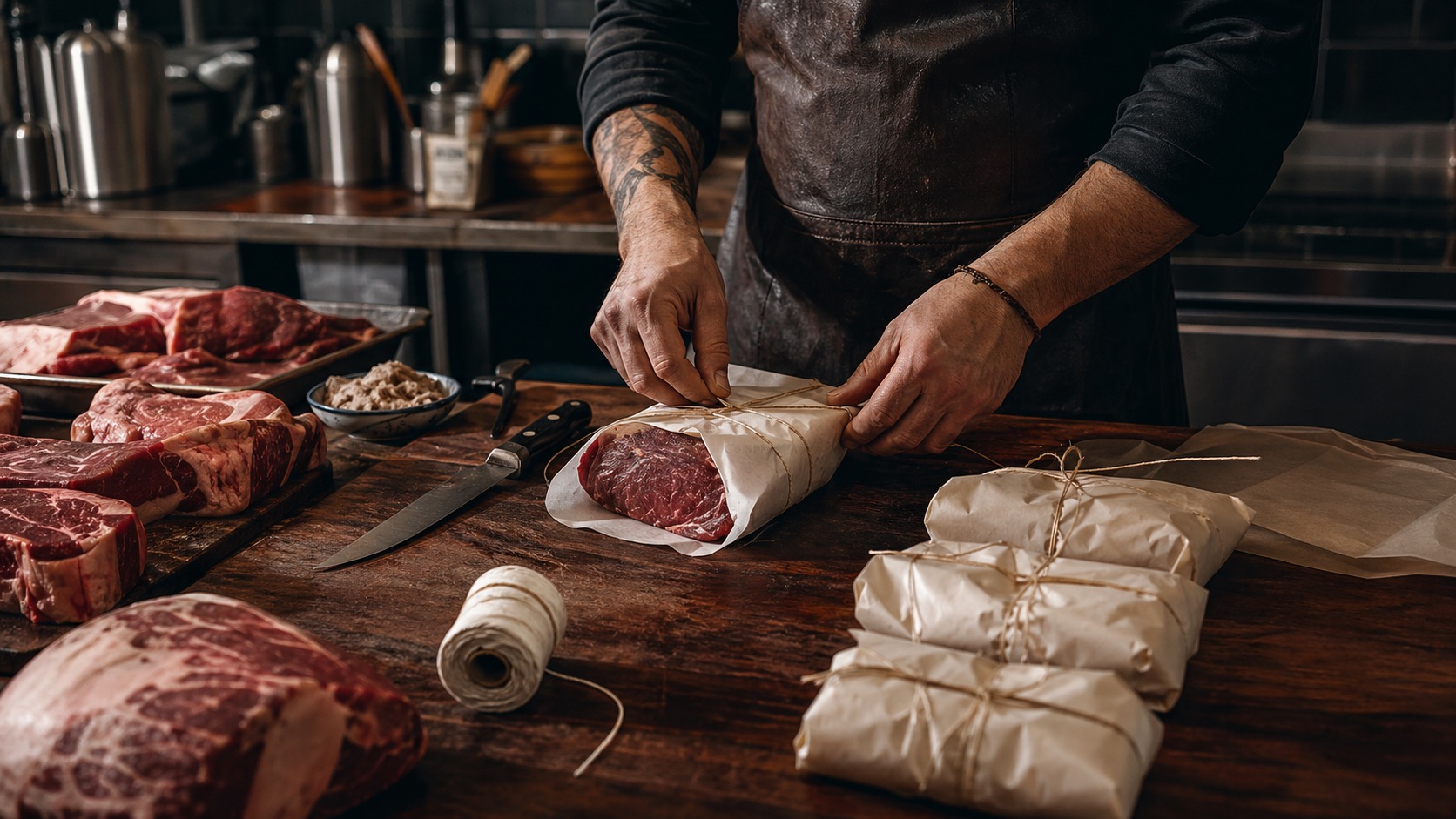 Custom butchering prep area with wrapped cuts and labels