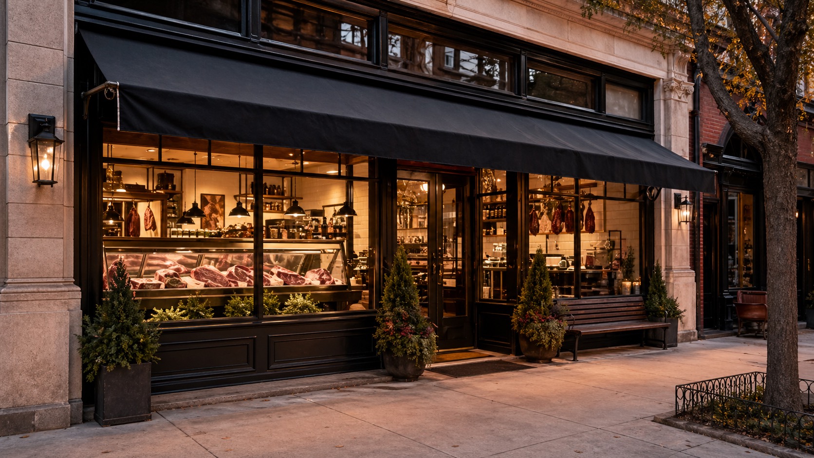 Butcher shop storefront with warm awning and display windows