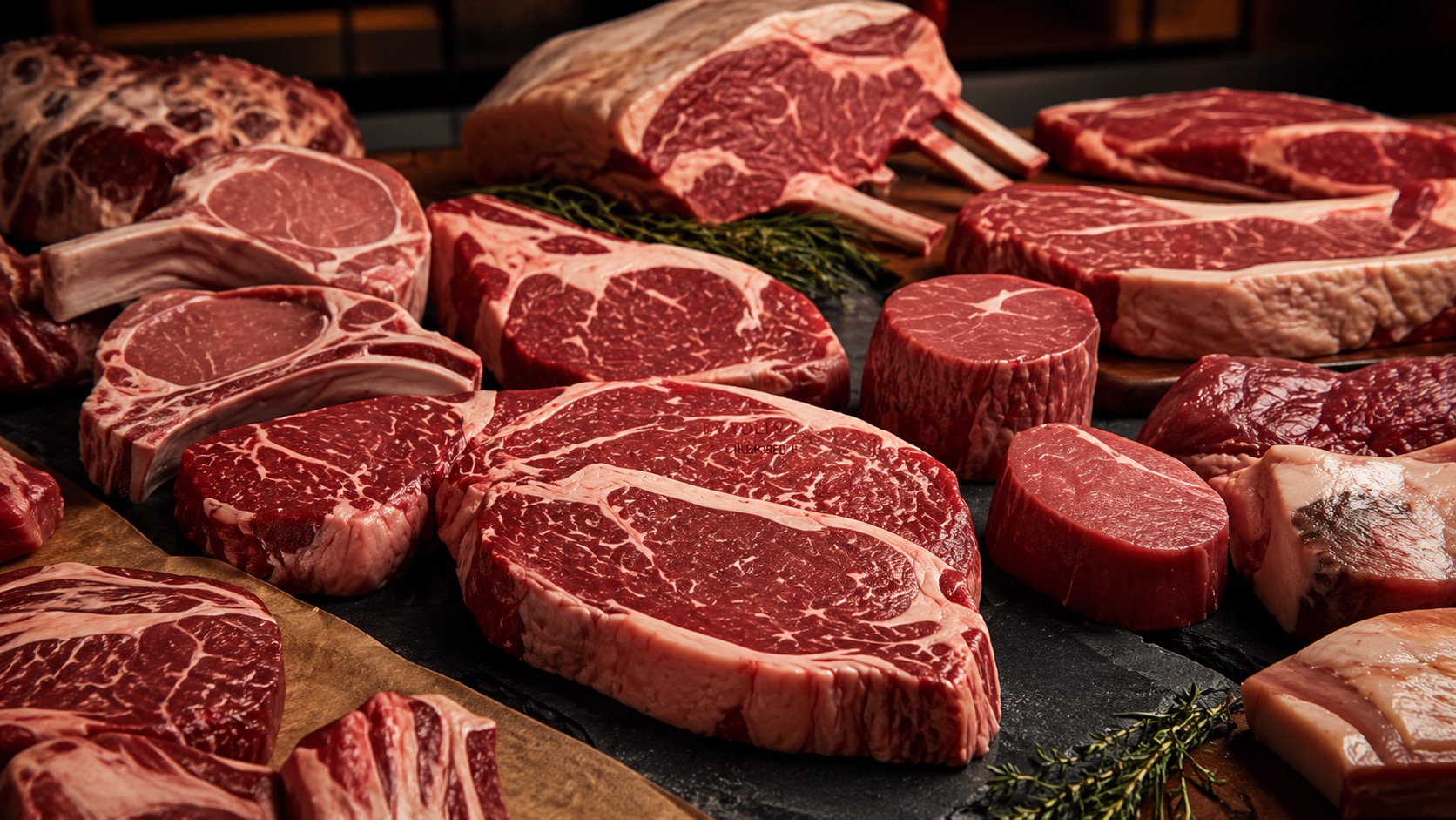 Premium butcher display with steaks, pork chops, poultry, and prepared meats